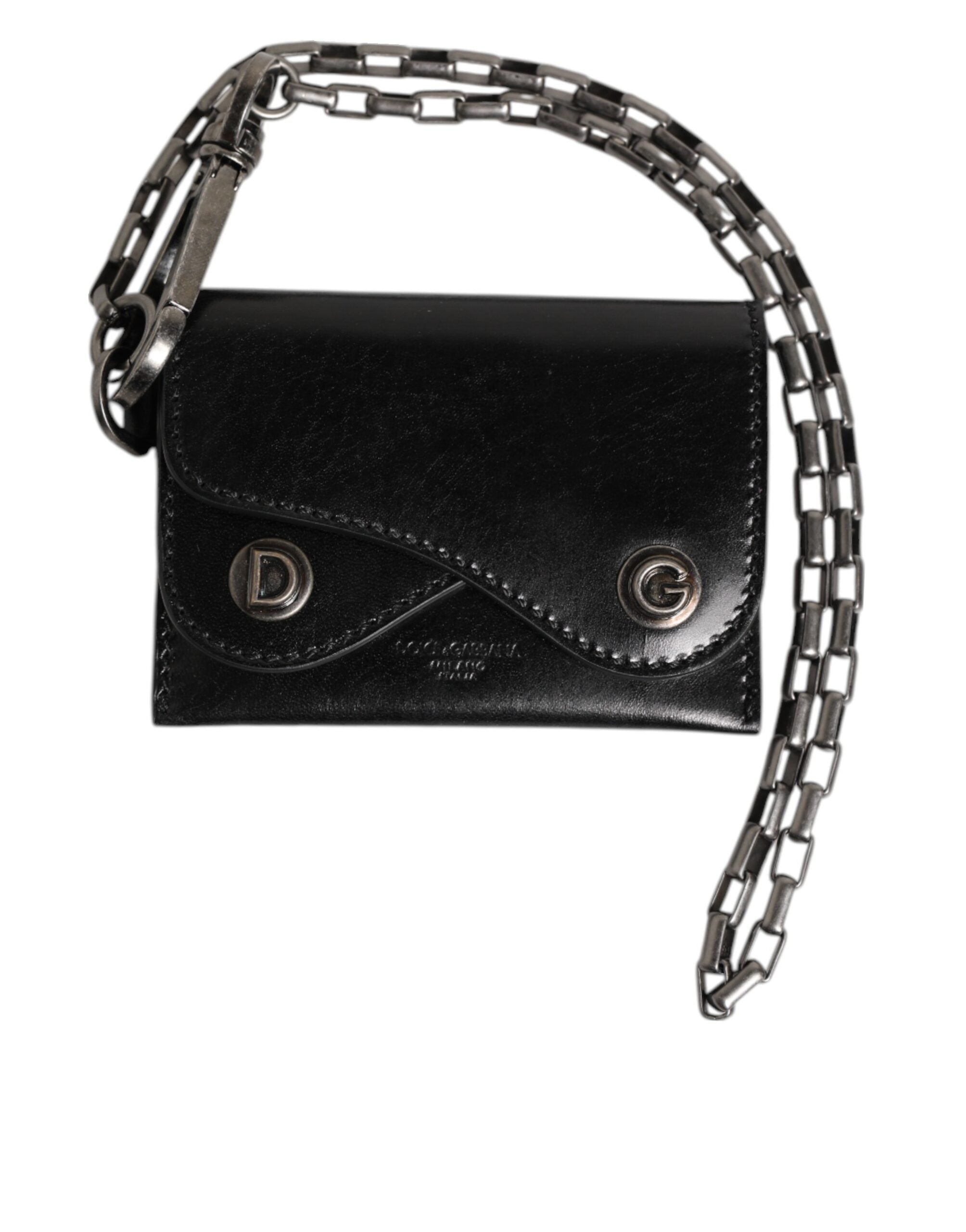 Dolce & Gabbana Black Cavallo Leather Wallet Chain Snap Bifold Card Holder